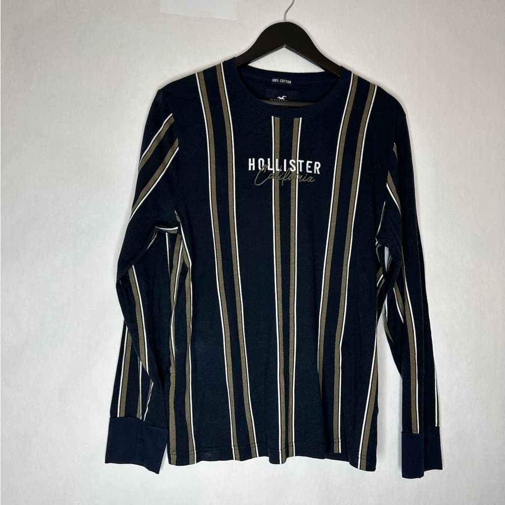 Hollister Long Sleeve Striped Logo Tee - Navy Tan Stripe Size Medium SEE NOTE