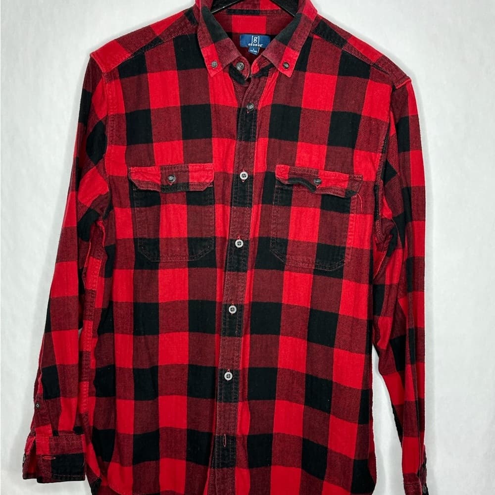 George Red Black Buffalo Plaid Flannel Button Down Shirt Men’s Large (42–44)