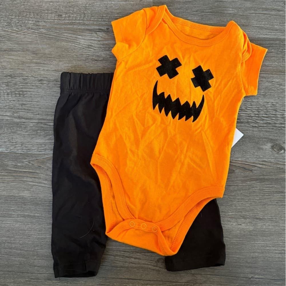 Halloween Jack-O-Lantern Face Orange Pumpkin Baby One Piece and Pants 3-6 months