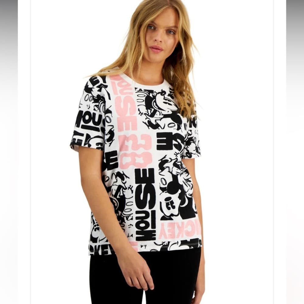 Disney Mickey Mouse All Over Graphic Tee Black White Size Large Juniors