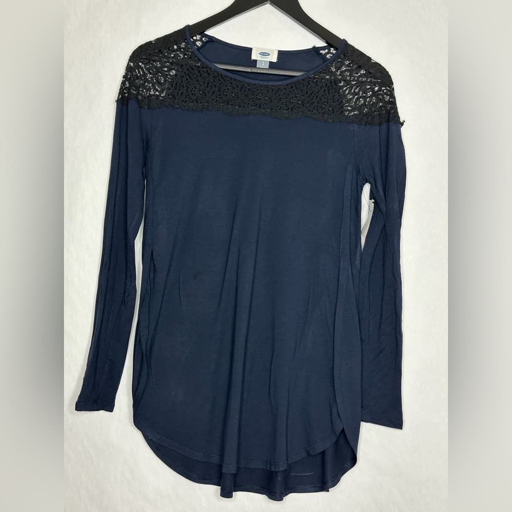 NEW Old Navy Navy Blue Lace Yoke Long Sleeve Top Casual Blouse Small SEE NOTE