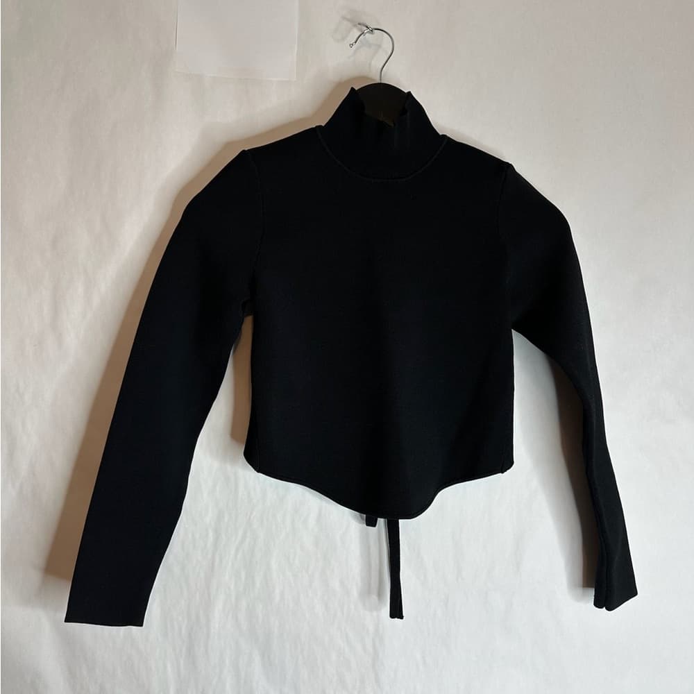 Zara Black Open Back Long Sleeve Tie Cropped High Neck Shirt Blogger Fav Medium