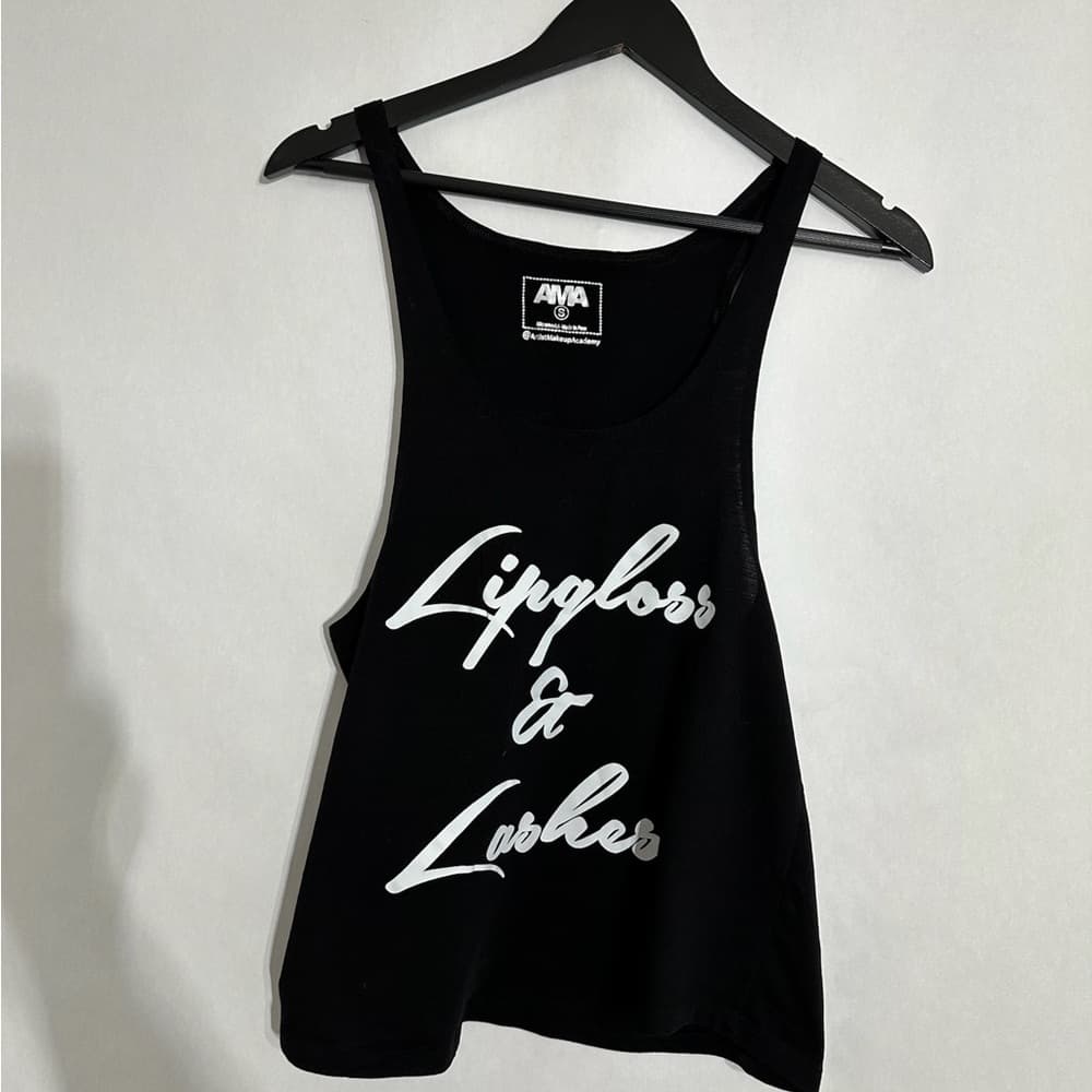 Lipgloss & Lashes Black Graphic Tank Top by Artist Makeup Academy Size Small