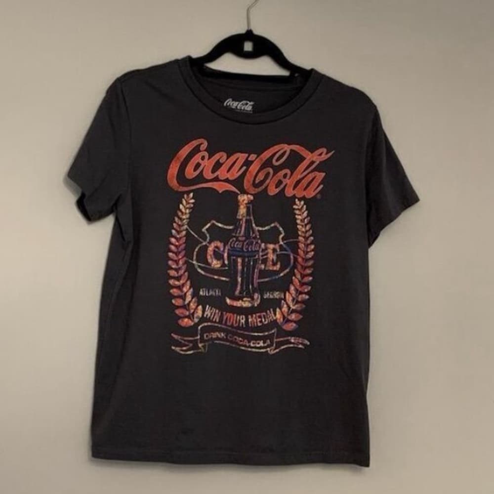 Coca Cola Bottle Vintage-Style Graphic T Shirt Dark Grey Logo Crest Womens Large