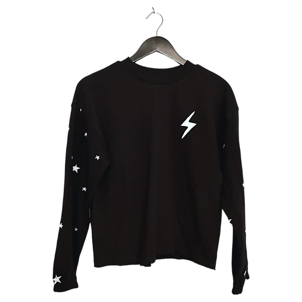 PJ Salvage Lightning Bolt & Star Black Sweatshirt Distressed Hem Design Small