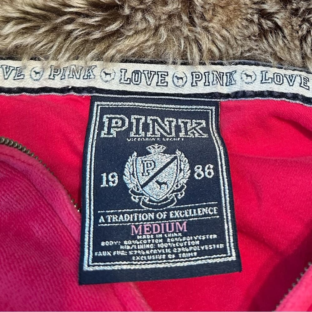 PINK Victorias Secret Fur Lined Hoodie Y2K Vintage Velour Zip Rhinestones Medium