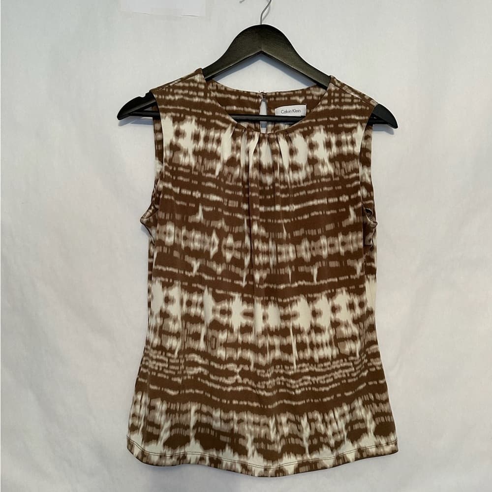 Calvin Klein Brown White Tie Dye Sleeveless Blouse Size Medium Business Casual