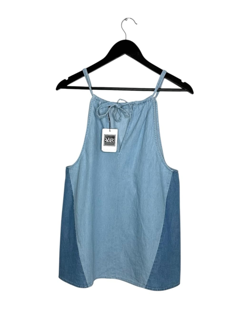 NWT Young & Reckless Y2K Denim Blue Colorblock Halter Tie Neck Top Indie Sleeze