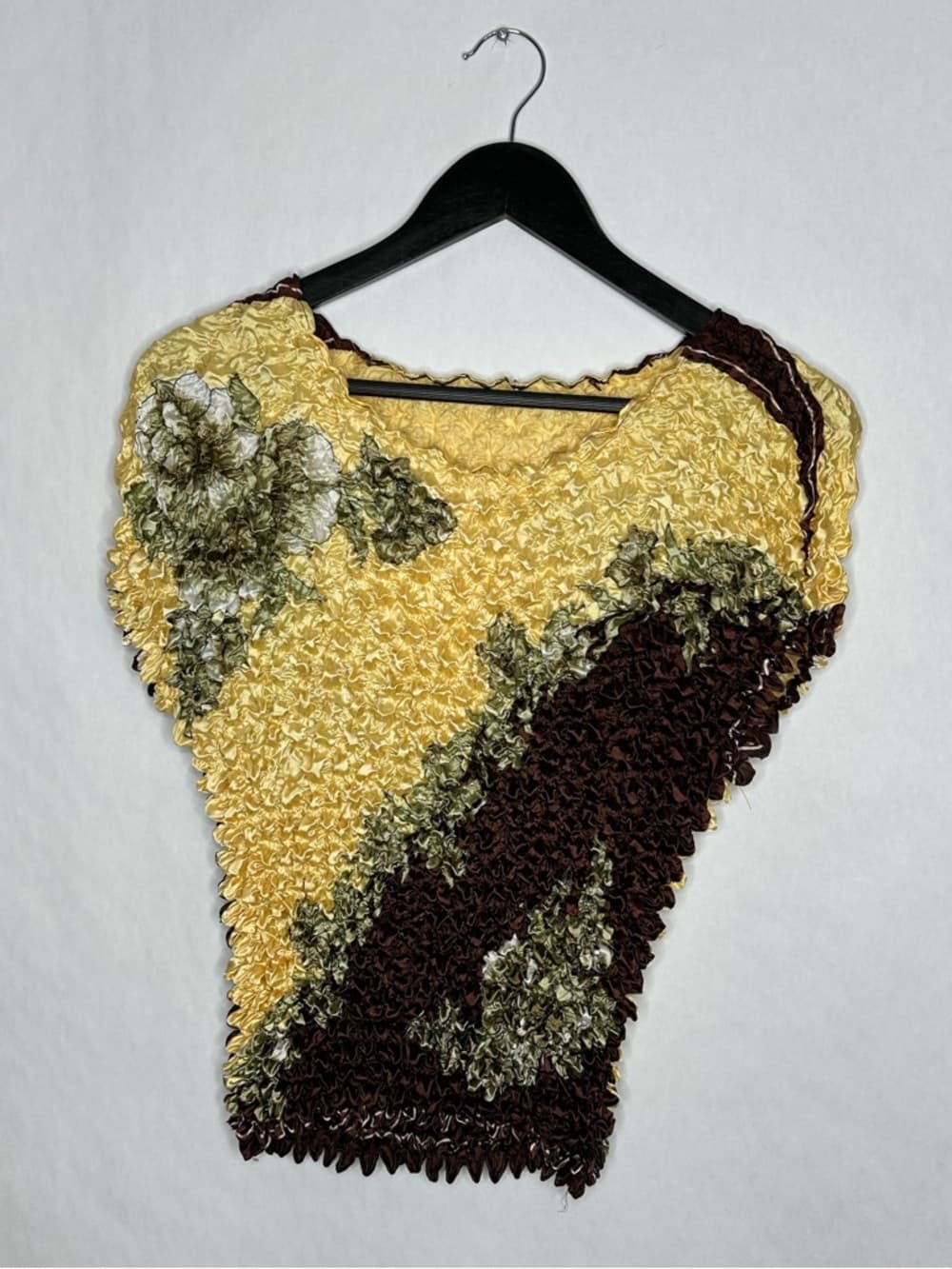 Radiance Textured Crinkle Floral Top Y2K Popcorn Stretch Blouse Brown Yellow OS