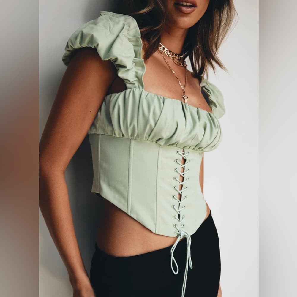 Princess Polly Harry Corset Off Shoulder Lace Up Top Green “Light Sage” US 4