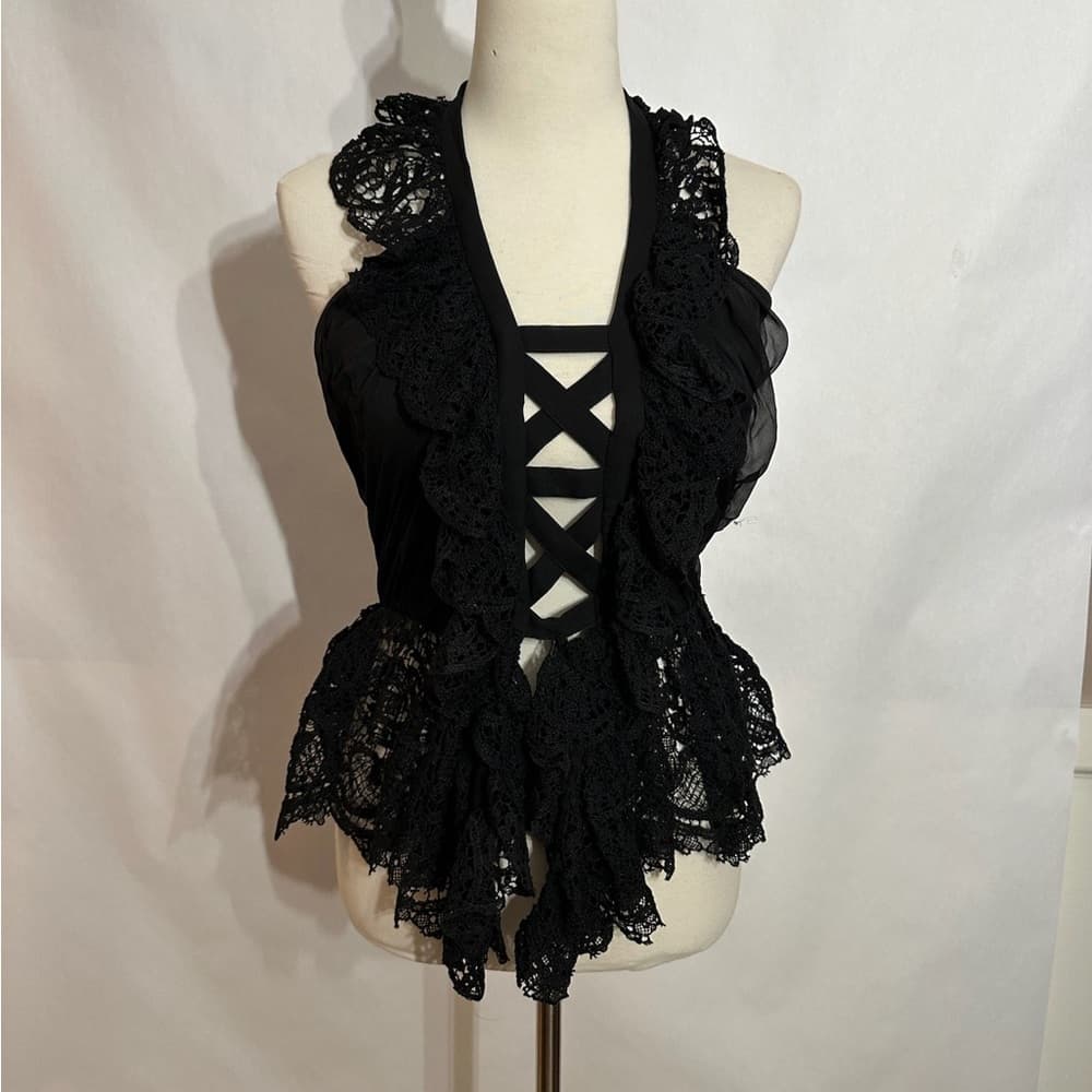 Black Lace Ruffle Halter Lace Up Top Fairy Goth Romantic See Measurement Like XS