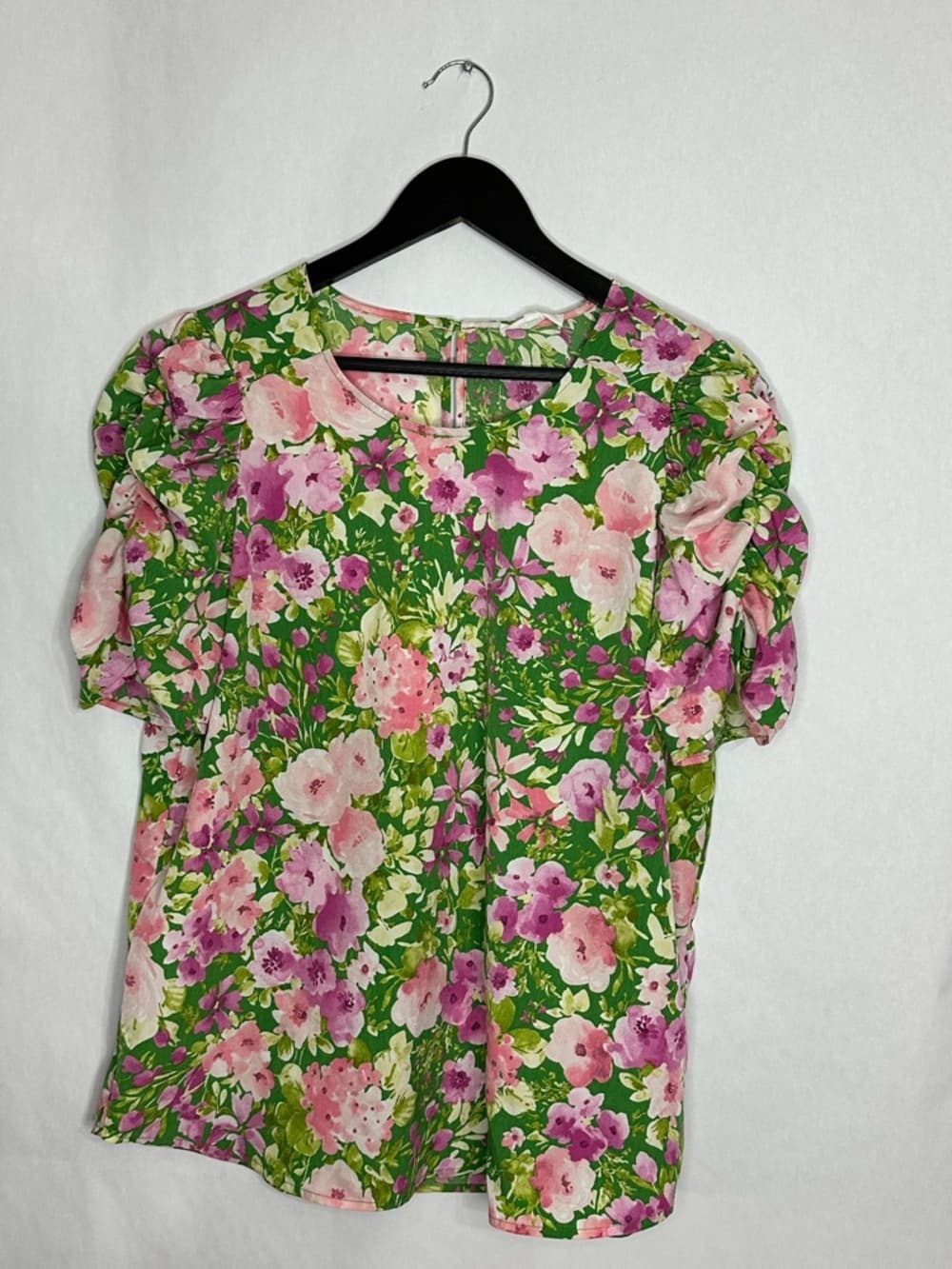 NWT Pleione Floral Puff Sleeve Blouse Green Pink Cottagecore Romantic Top Large