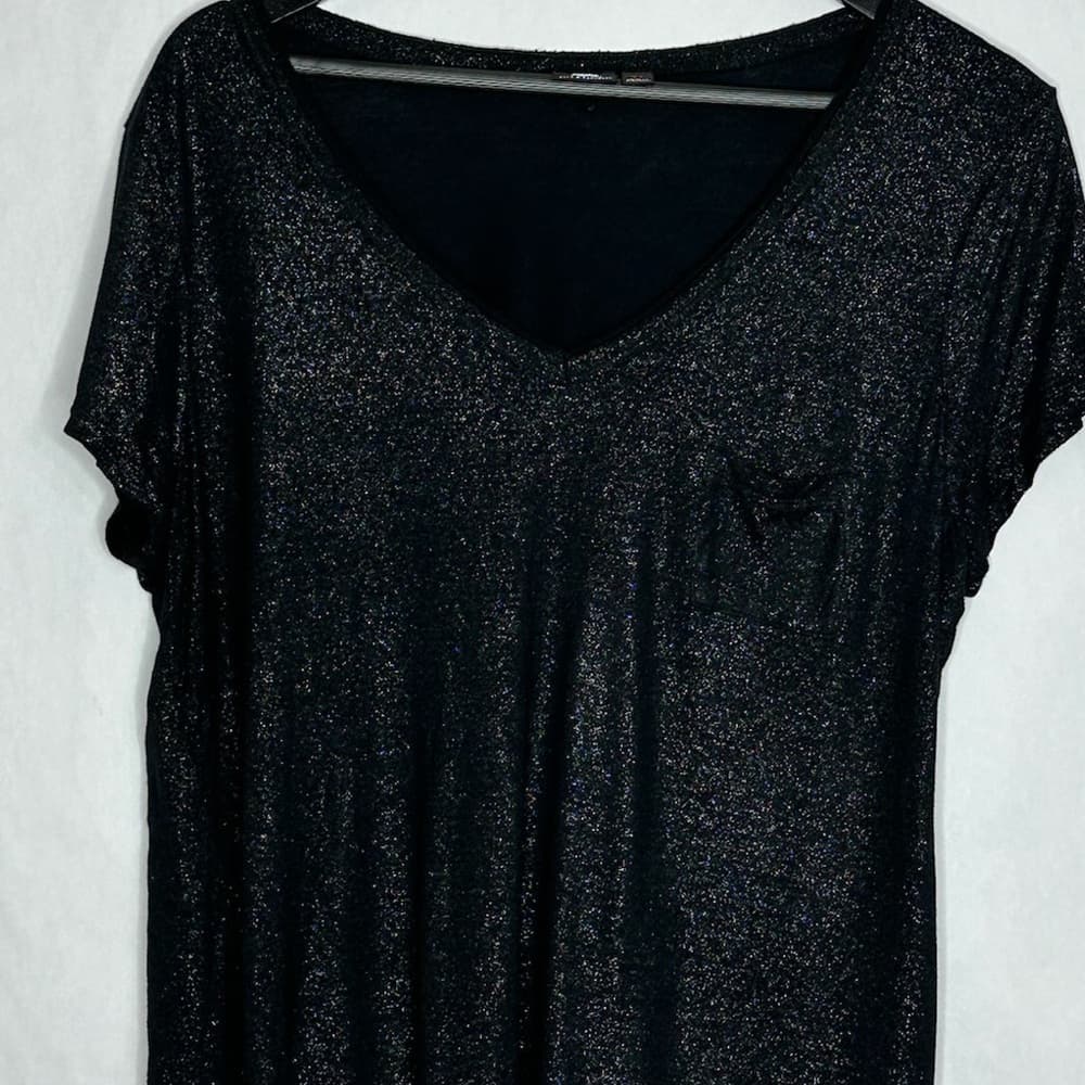 Rock & Republic Black Shimmer V Neck Slight Crop Top Metallic Night Out Y2K XL