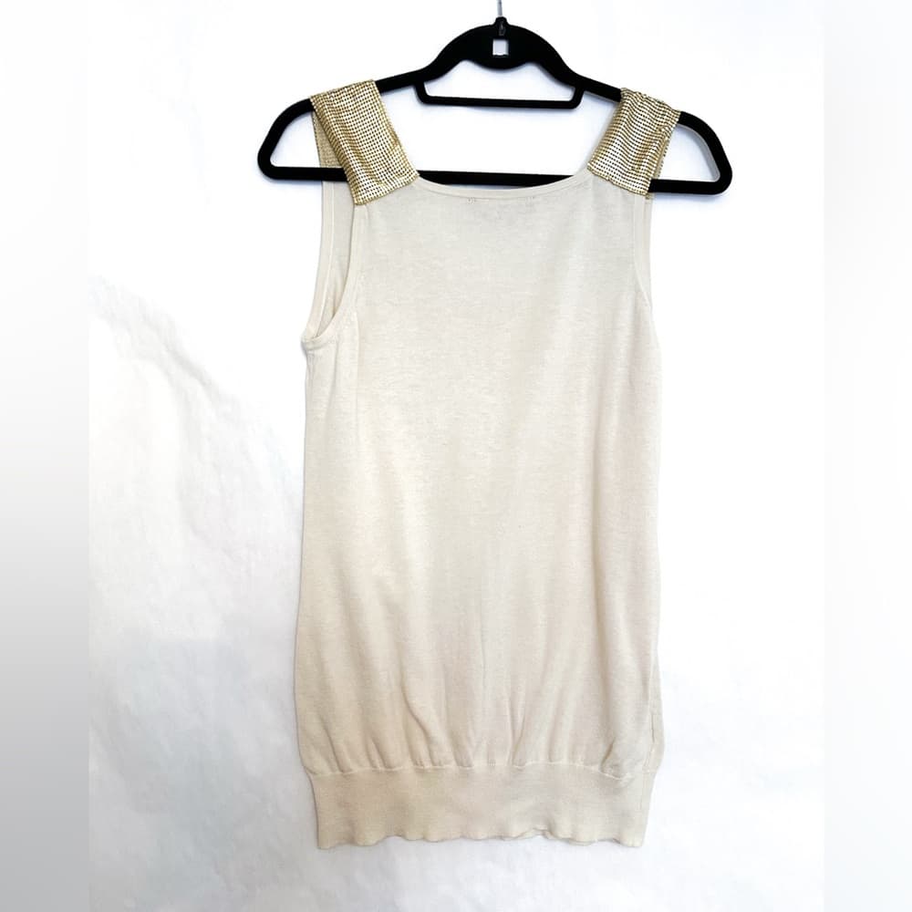 BCBGMaxAzria Beige with Gold Chainmail Embellished Tank Top Size Medium