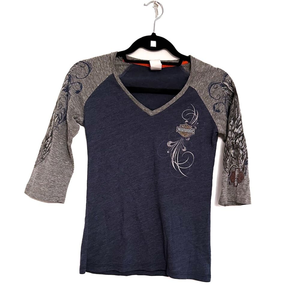 Harley-Davidson Rhinestone Logo Raglan Top Small Gray Blue Biker Tee