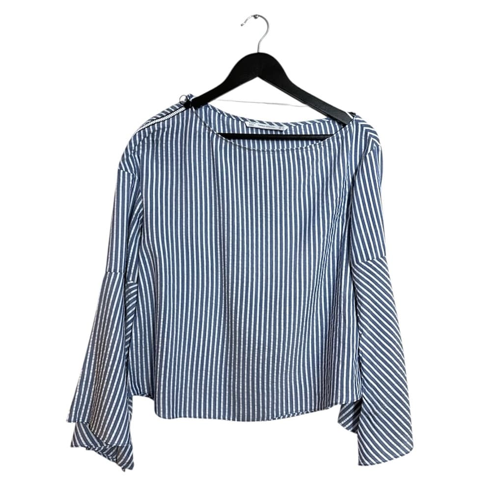 Zara Trafaluc Collection Blue White Stripe Seersucker Bell Sleeve Top Medium