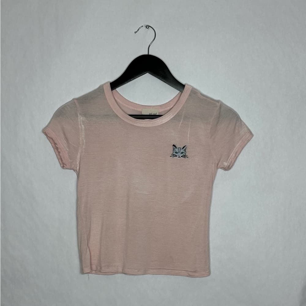 Wet Seal Pink Cat Embroidered Baby Doll Tee Fitted Y2K Top Size Medium Lolita