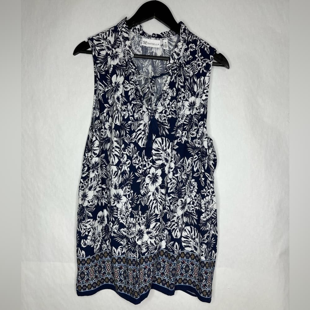 Rafaella Navy White Floral Border Print Sleeveless Tassel Neck Blouse Size 1X