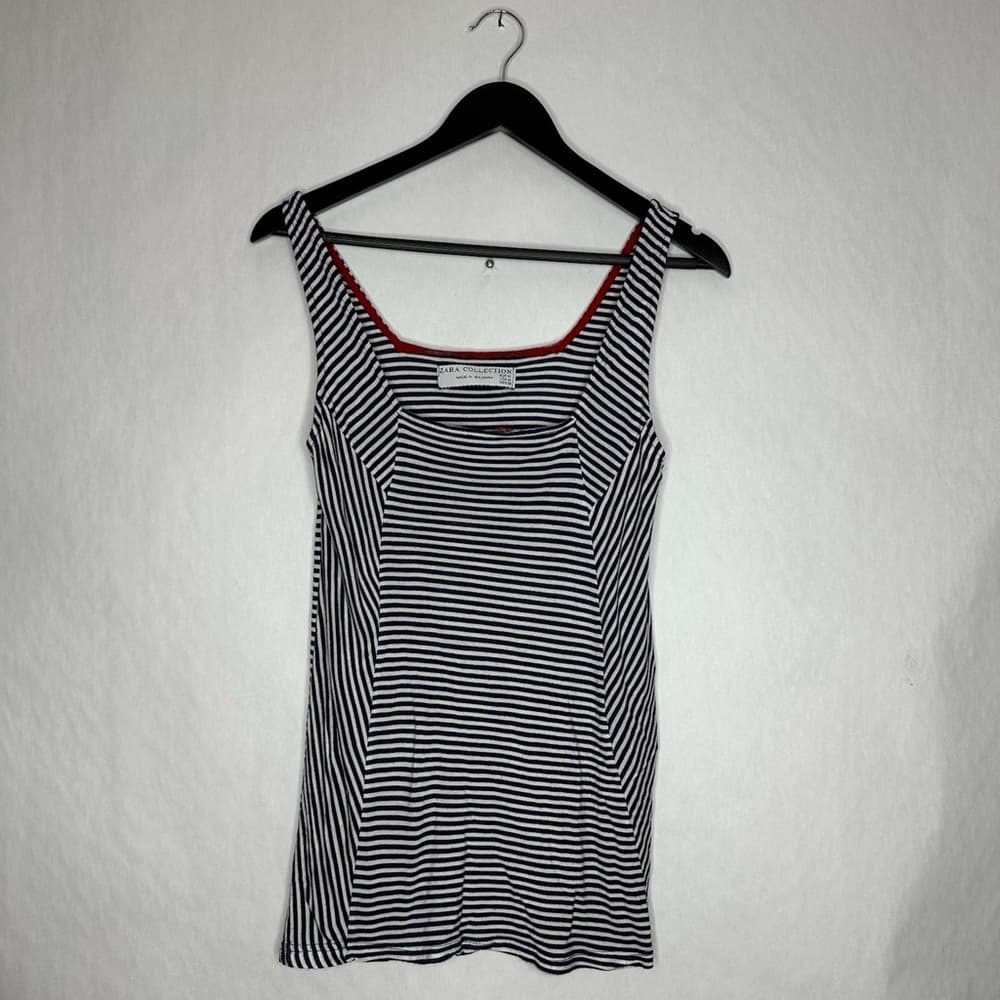 Zara Collection Navy White Striped Tank Top Red Trim Nautical Y2K Size Medium