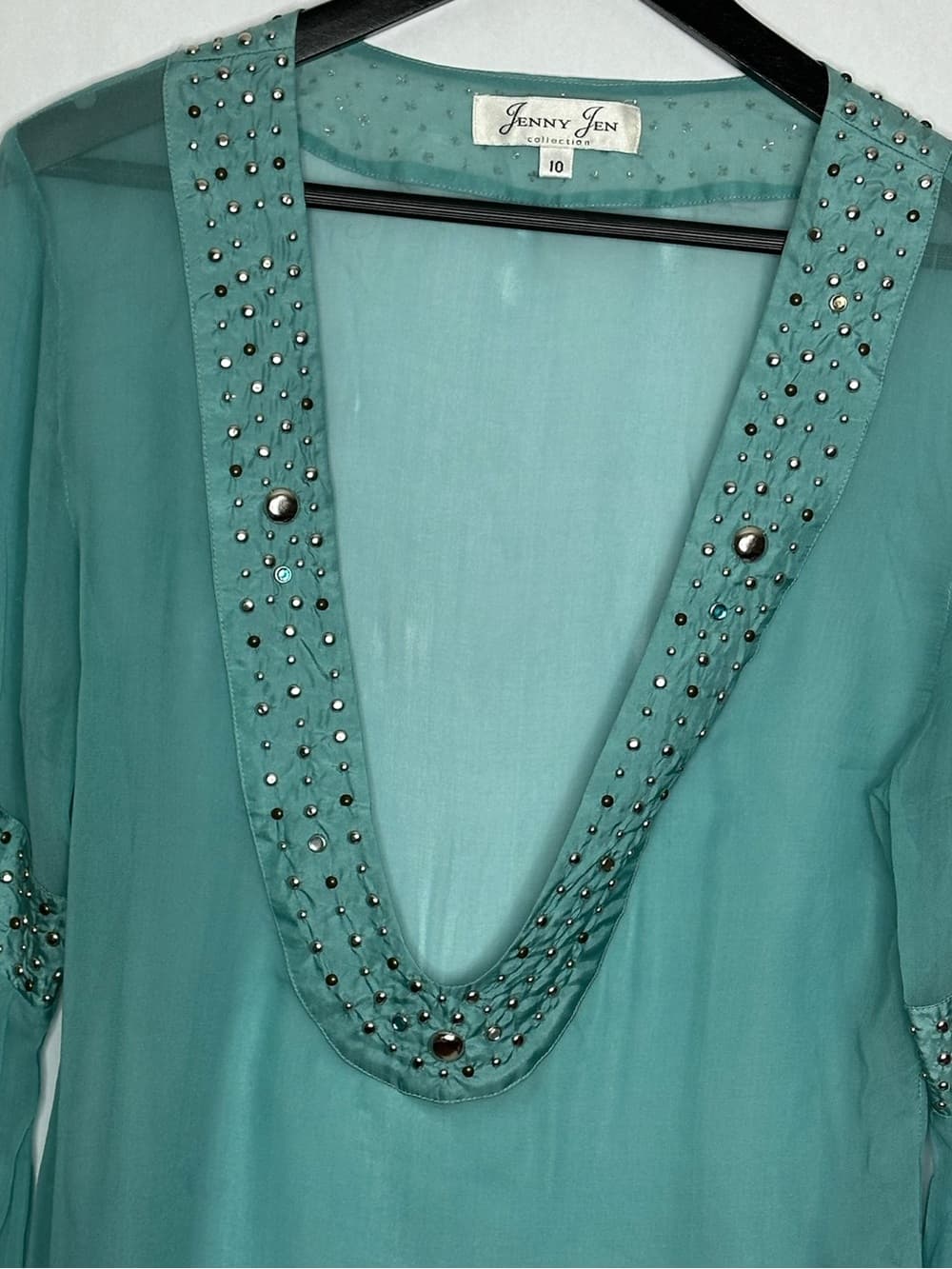 Jenny Jen Collection Vintage Rhinestone Beaded Sheer Boho Blouse Size 10 Mermaid