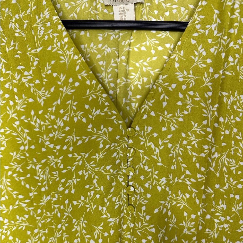 Cynthia Rowley Lime Green White Vine Print Flutter Sleeve Blouse Size 1X Coastal