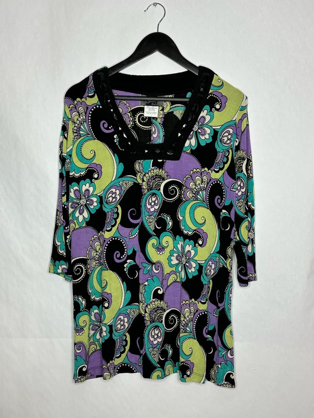 Slinky Brand Y2K Paisley Print Top Embellished Neckline Purple Green Size Large