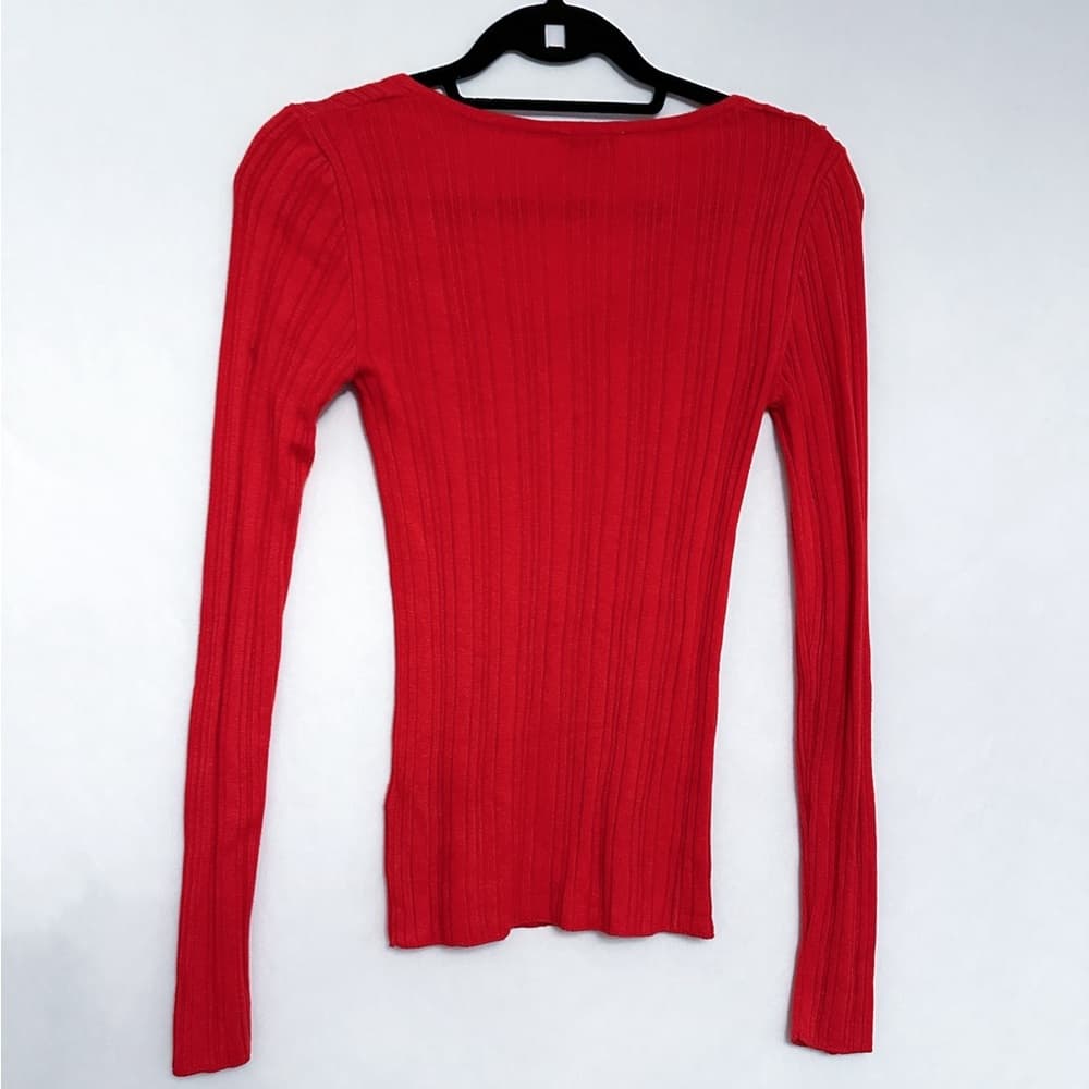Topshop Red Ribbed Long Sleeve Knit Top Slim Fit V-Neck Shirt Womens Size 0-2
