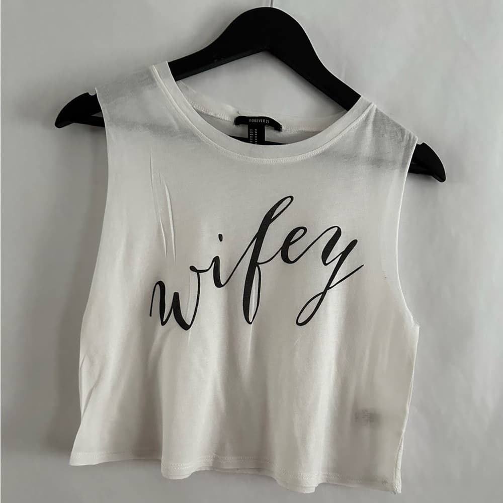 Forever 21 White Wifey Graphic Crop Tank Size Medium