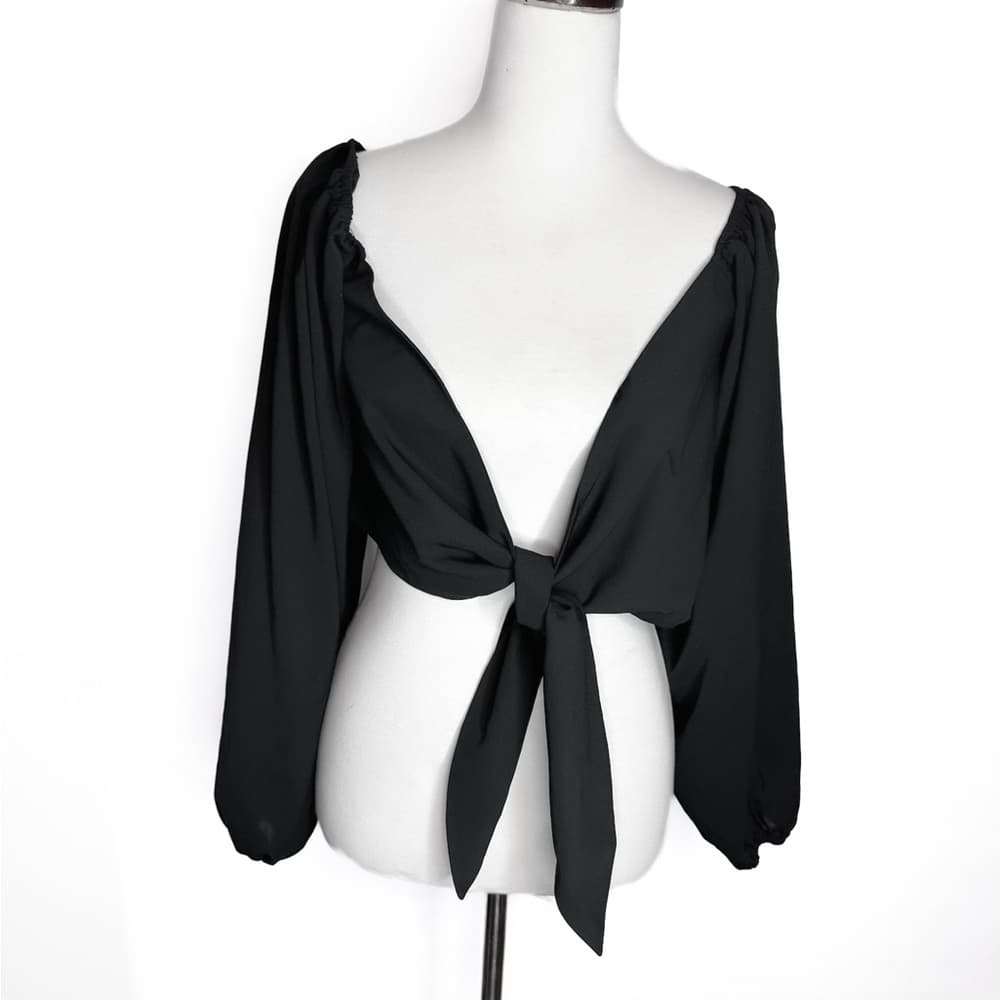 Hers & Mine Black Long Sleeve Front Tie Crop Top Size Small