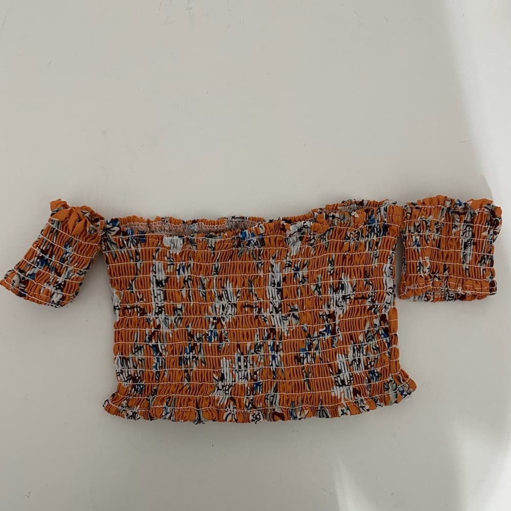 Boho Orange White Floral Smocked Off-Shoulder Floral Micro Crop Top Medium Y2K
