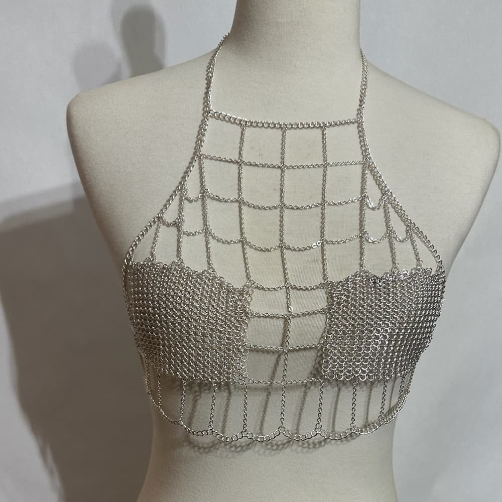 Silver Chainmail Mesh Crop Halter Top Festival Ravewear One Size