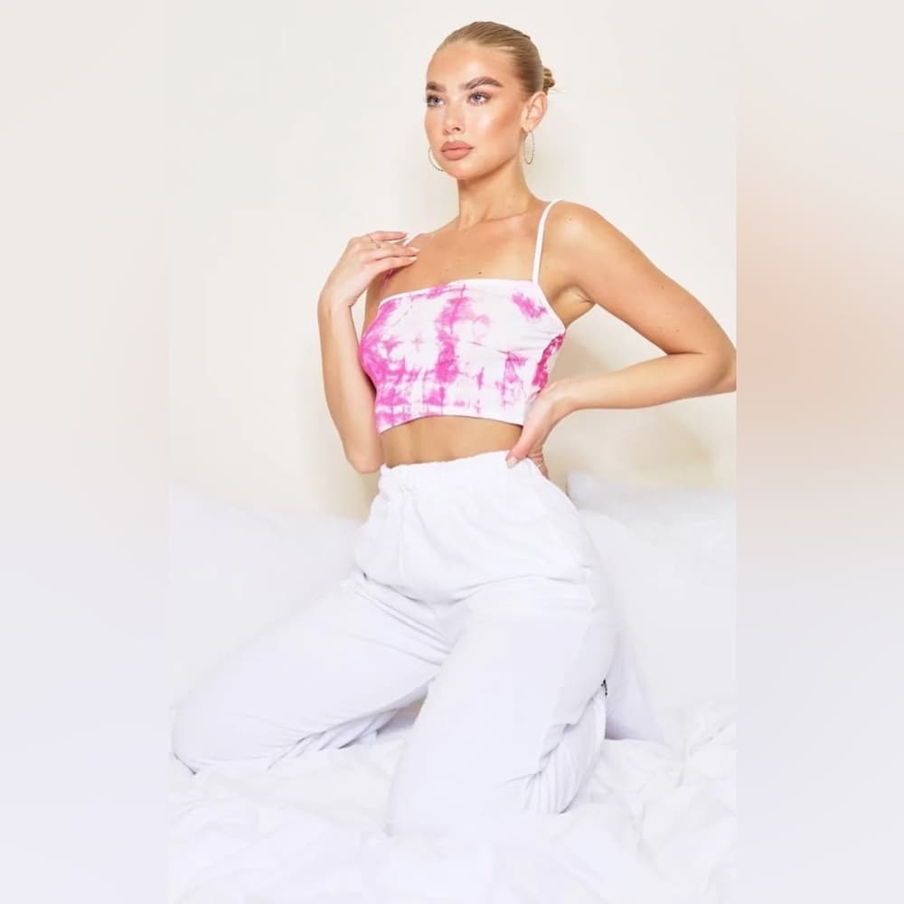 PrettyLittleThing Pink and White Jersey Tie Dye Crop Cami Size 10 Streetwear