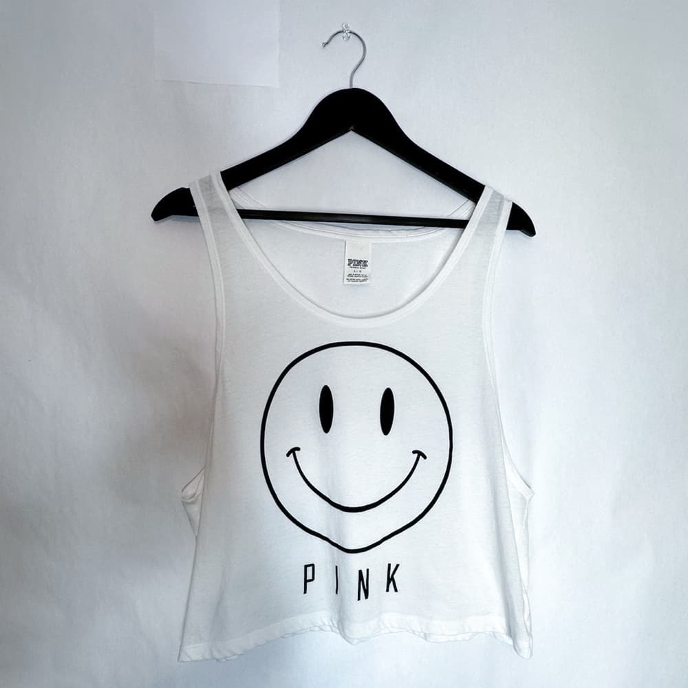 Victoria’s Secret PINK Smiley Face White Crop Tank Top Loose Sheer | Size Large