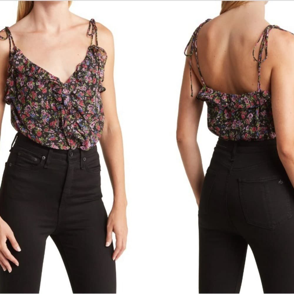 NWT ASTR The Label Black Purple Floral Ruffle Tie Strap Bodysuit Size Medium