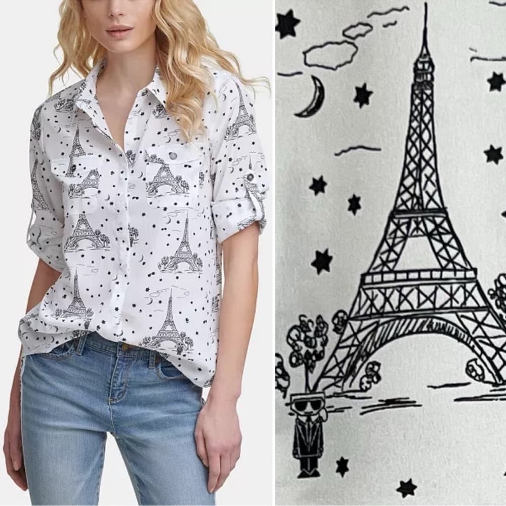 KARL LAGERFELD PARIS Whimsical Long Sleeve Top XL Button Down Eiffel Tower Sheer