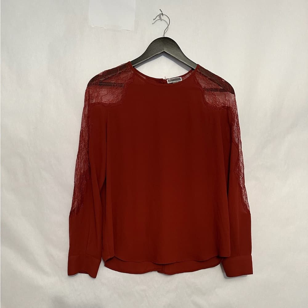 Chelsea28 Rust Lace Sleeve Blouse Sheer Panel Top Size Small Romantic Feminine