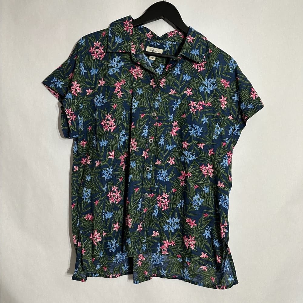 Style & Co Blue Floral Button Up Short Sleeve Shirt Women’s Large Cotton Top