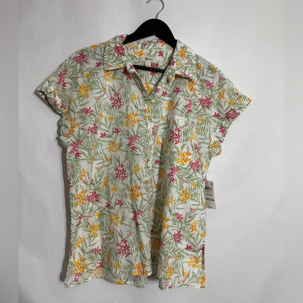 Style & Co Tropical Floral Rihanna White Blend Button-Up Shirt Size Large NWT