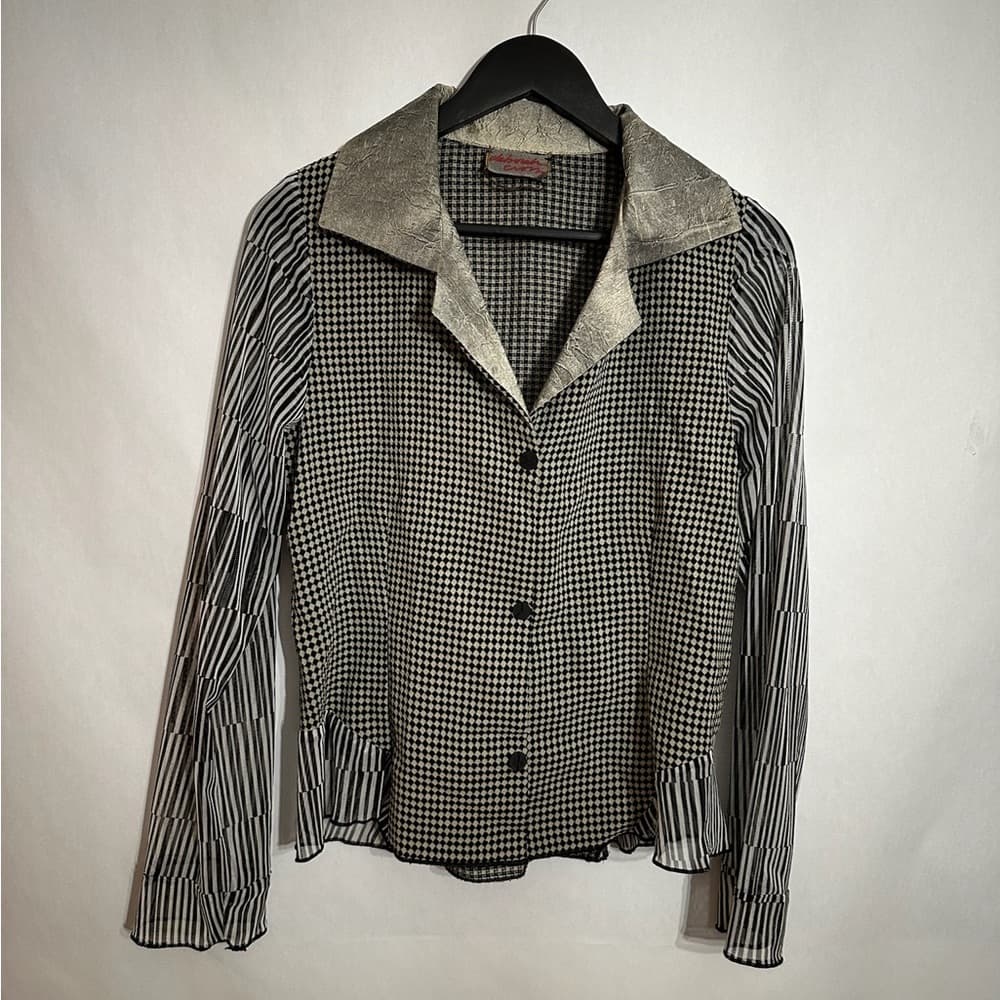 Deborah Cross Black White Mixed Print Button Up Blouse Vintage See Measurement