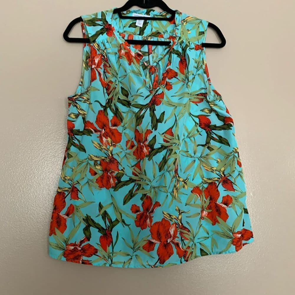 Carolina Belle Turquoise Floral Sleeveless Blouse Women’s Size Large Tropical