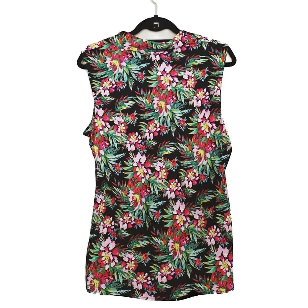 Tahari Women's Sleeveless Floral Print Tie Neck Blouse Top Size Large Preowned