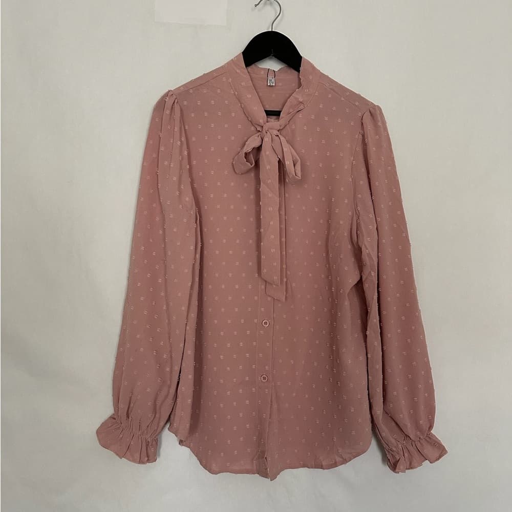 NWT ACEVOG Dusty Rose Pink Long Sleeve Bow Blouse Feminine Cottagecore Medium