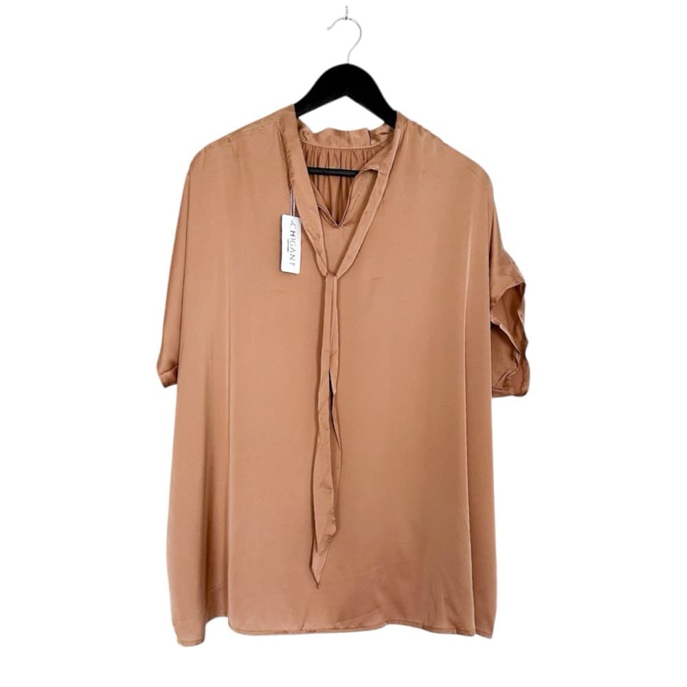 NWT Chigant Neutral Satin Blouse with Tie Neck Size Small Businesscore Boss
