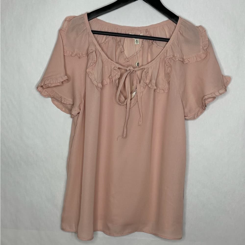 NWT Max Studio Blush Pink Ruffle Neck Tie Blouse Short Sleeve Medium Balletcore