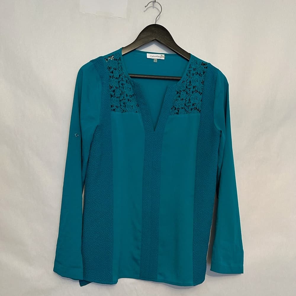 Calvin Klein Teal Lace Inlet Blouse Long Sleeve Women’s Small Office Business
