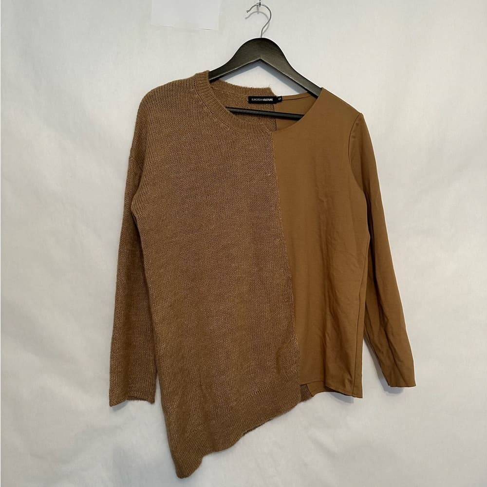 EUROPEAN CULTURE Split Knit & Cotton Sweater Long Sleeve Tan Brown Size Small
