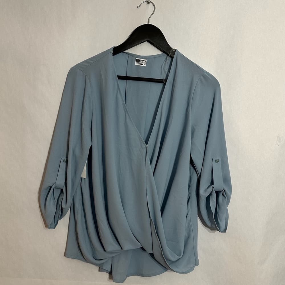 NWT Interstyle Light Blue Crepe Wrap Blouse Soft Drape Roll Sleeve Size Small