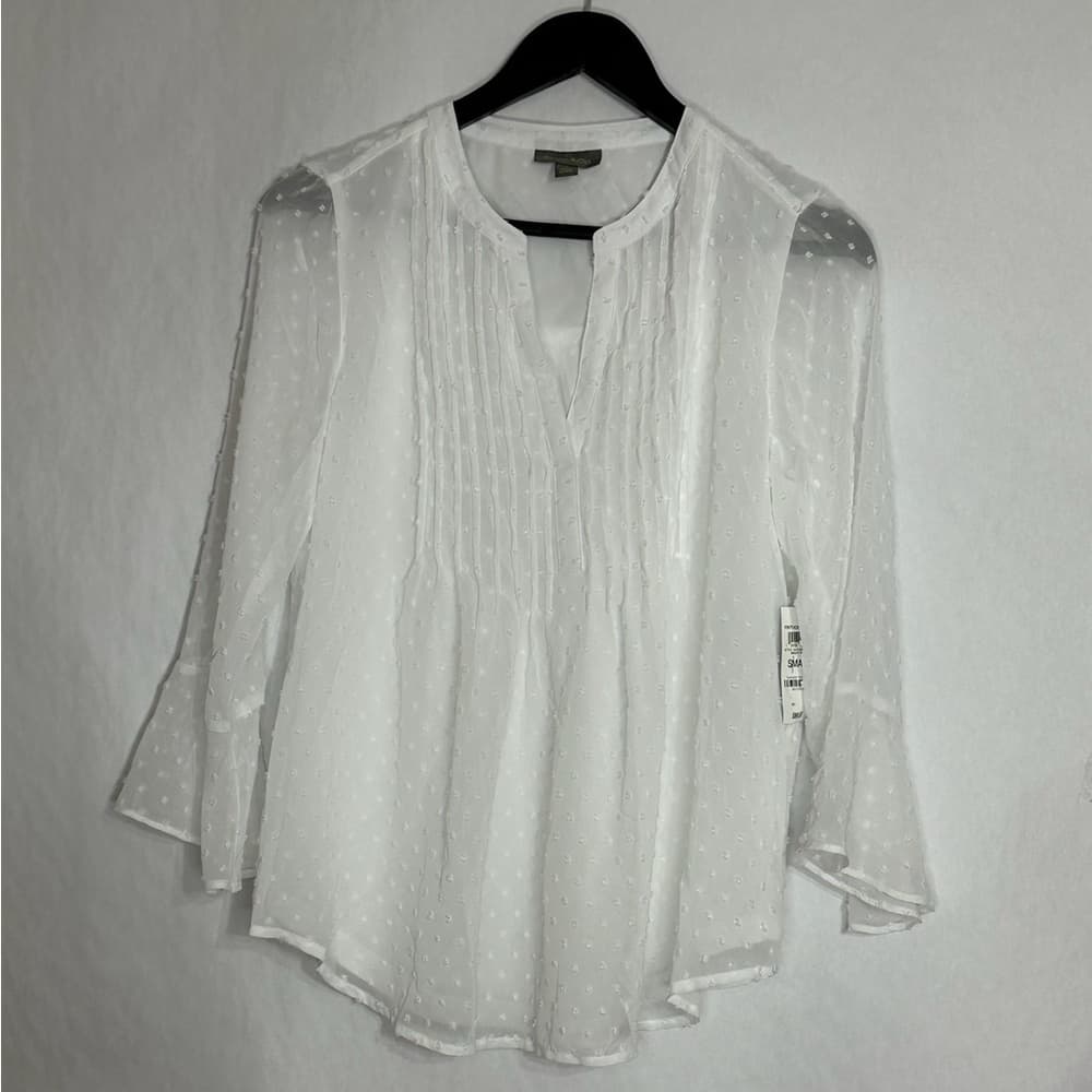 NWT Style & Co Bright White Swiss Dot Pintuck Blouse Top Sheer Long Sleeve Small