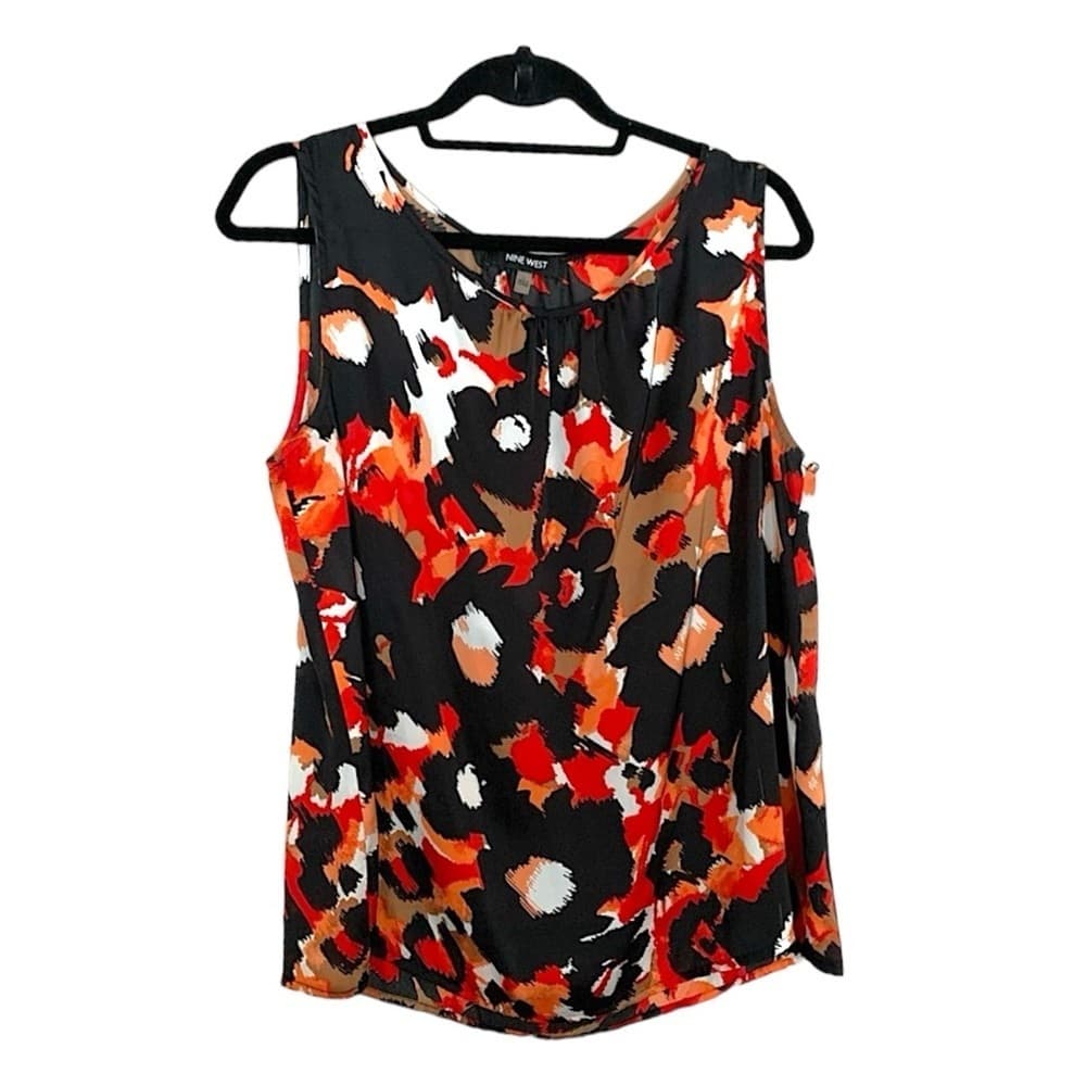 Nine West Sleeveless Floral Pattern Print Pleated at Neckline Womens Large