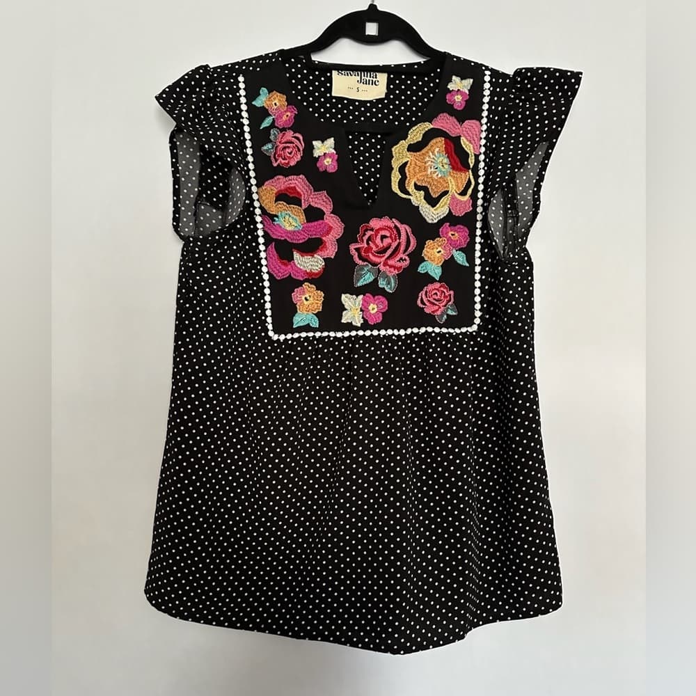 Savanna Jane Arcadia Embroidered Bib Top Polka Dot Floral Black Women’s Small